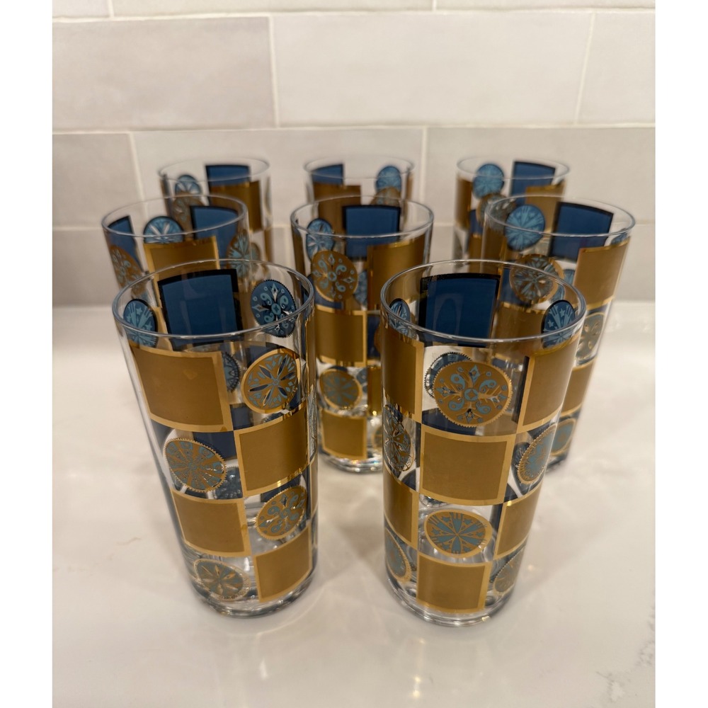 Culver Carnival Glasses Set of 8 Gold Blue Geometric 22kt Gold MCM Vintage